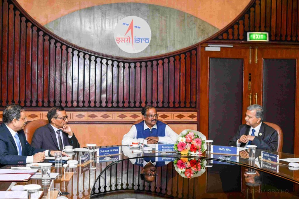 ISRO Chairman V. Narayanan, during the signing of an agreement between NewSpace India Limited, ISRO, IN-SPACe and Hindustan Aeronautics Limited for the transfer of the Small Satellite Launch Vehicle technology. Photo: X/@isro